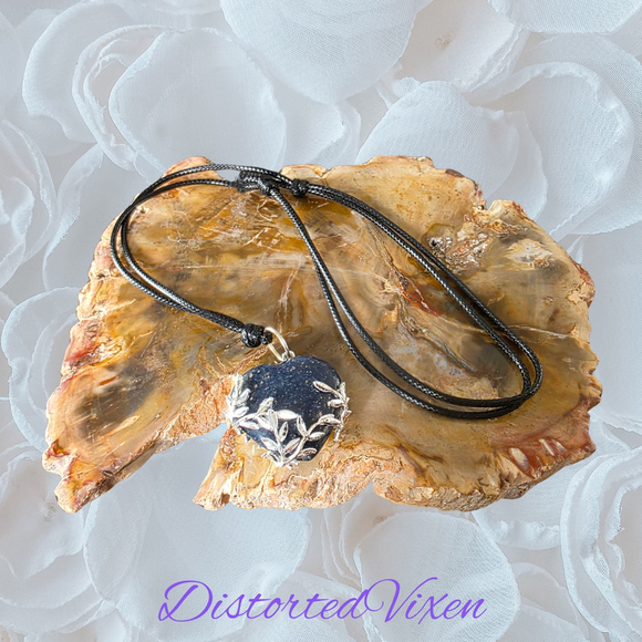 Handmade Jewelry - Lapis Lazuli Leaf Pendant Necklace – Silver Leaf Wrapped Blue Stone Black Cord